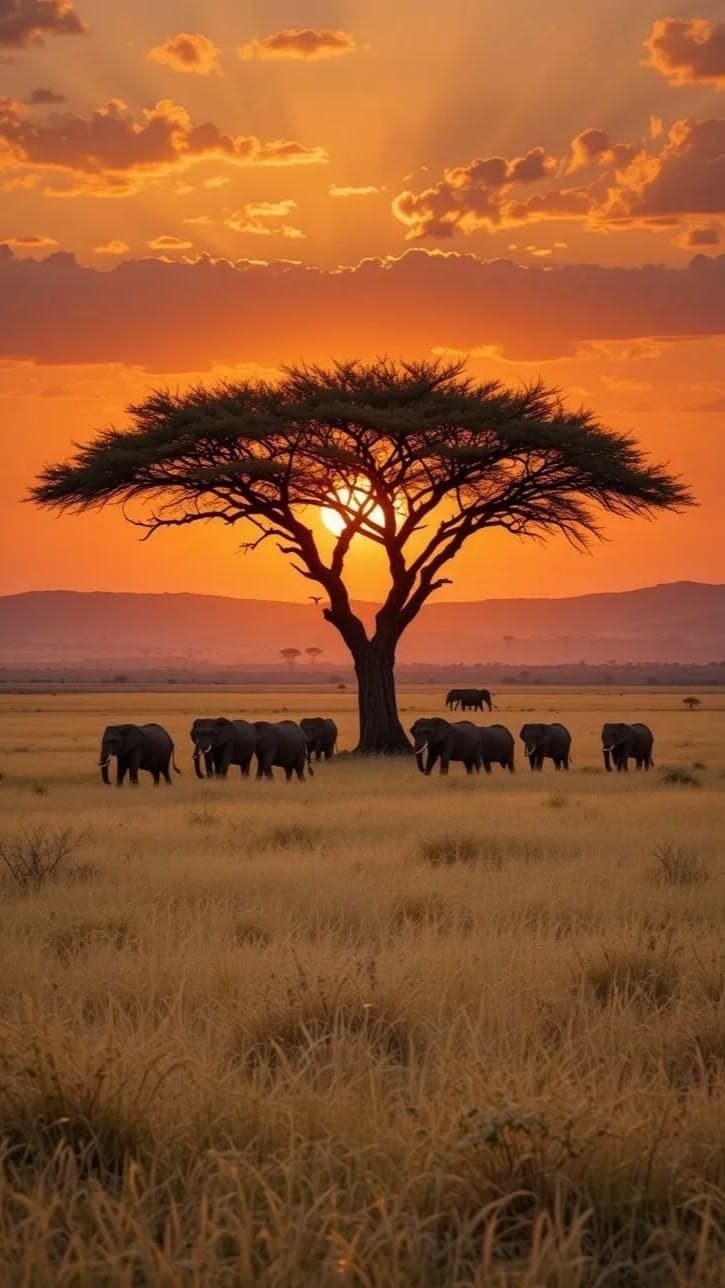 Elephants under an acacia at sunset