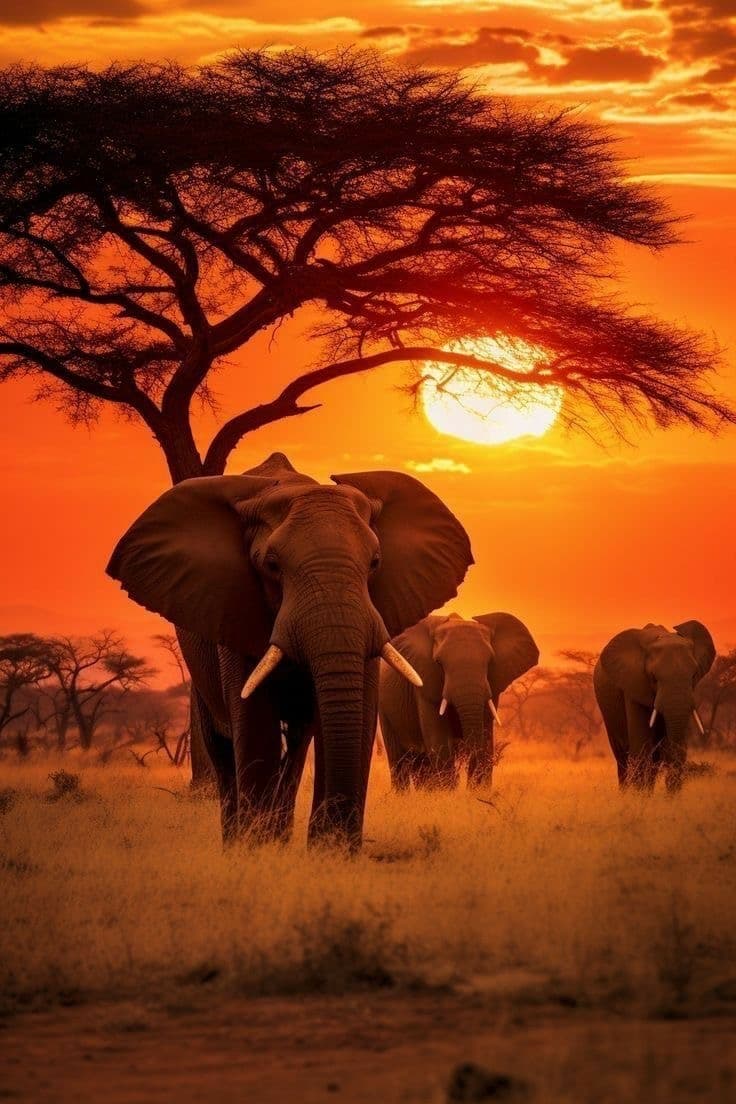 Elephant herd backlit by the sun