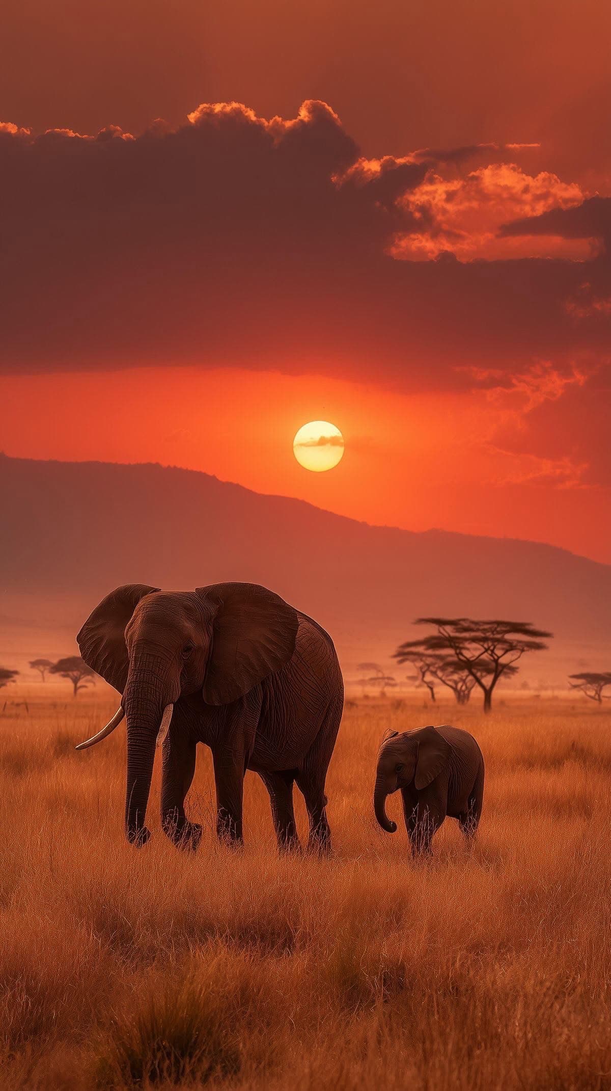 Mother and baby elephant at sunset