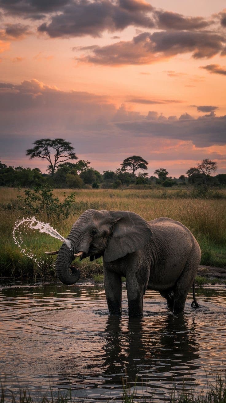 Elephant drinking at a riverbank